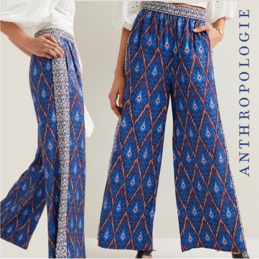 Anthropologie Blue Patterned Wide-Leg Pants